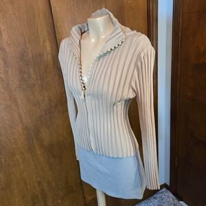 Belldini Womens Top Cardigan Tan Small Silk Blend Ribbed Rhinestone Zip Up
